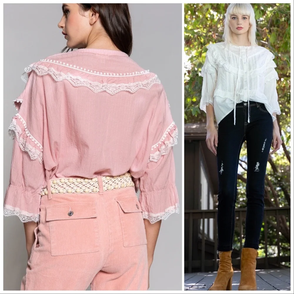 POL Malta Ruffles Pink Boxy Woven Lace Top - Picture 3 of 11